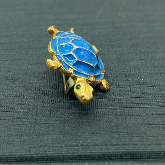 Vintage Korea Blue Turtle Scatter Pin Brooch Gold Tone Small 1 inch Tortoise - Picture 2 of 7